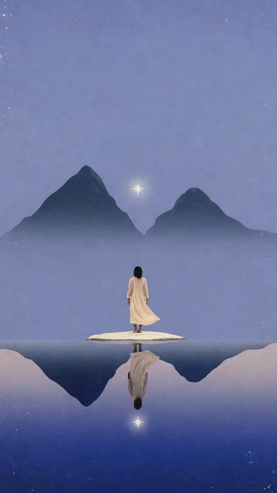 A traveller stands on a small island in a mirror-still lake beneath two peaks at blue hour.