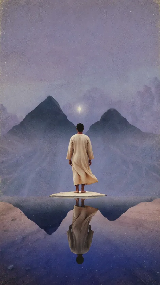 A traveller stands on a small island in a mirror-still lake beneath two peaks at blue hour.