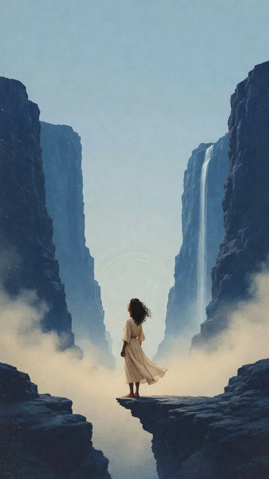 A traveller stands on a ledge in a blue canyon, a waterfall falling beyond.