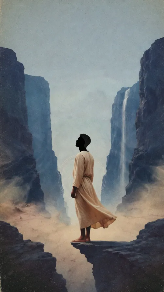 A traveller stands on a ledge in a blue canyon, a waterfall falling beyond.