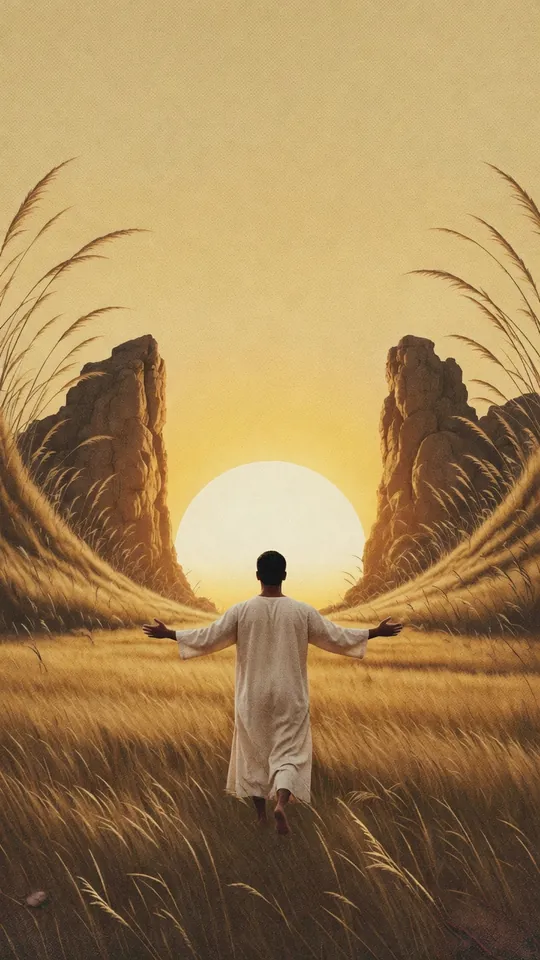 A traveller opens their arms in golden grass, a low sun between two pillars of rock.