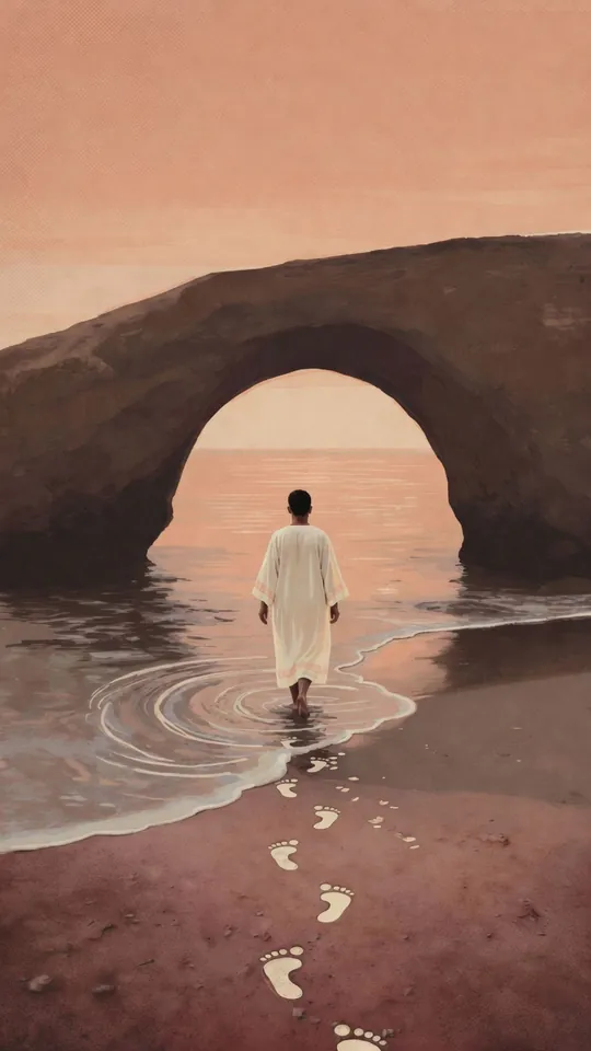 A traveller walks into the sea through a great stone arch at apricot evening.