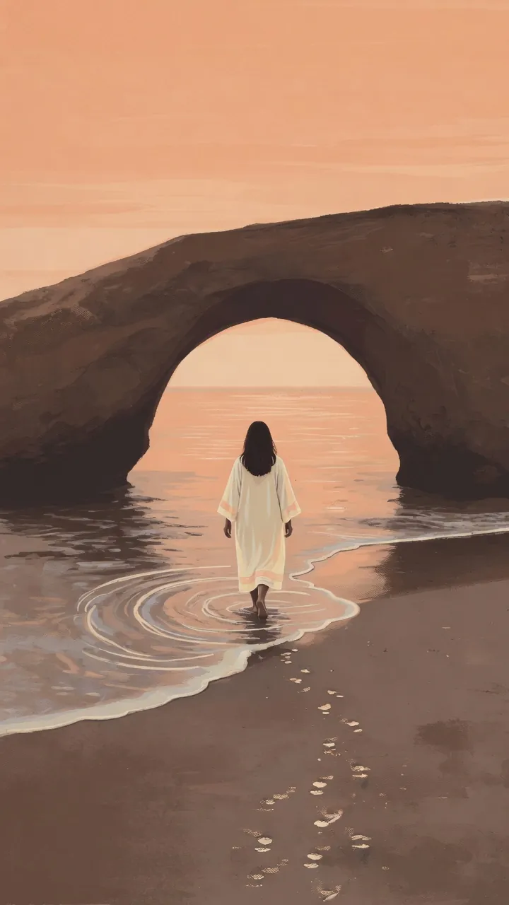 A traveller walks into the sea through a great stone arch at apricot evening.