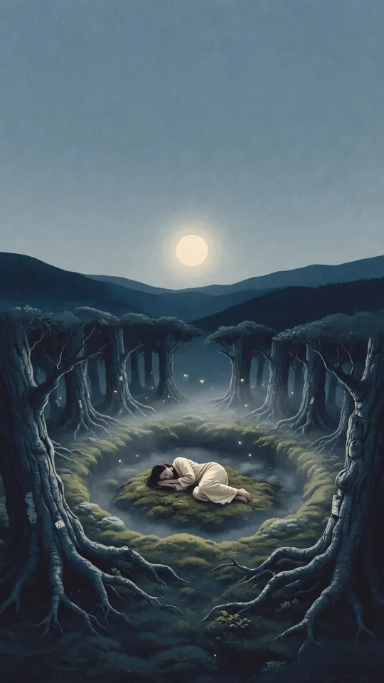 A traveller sleeps on a mossy island in a moonlit forest.