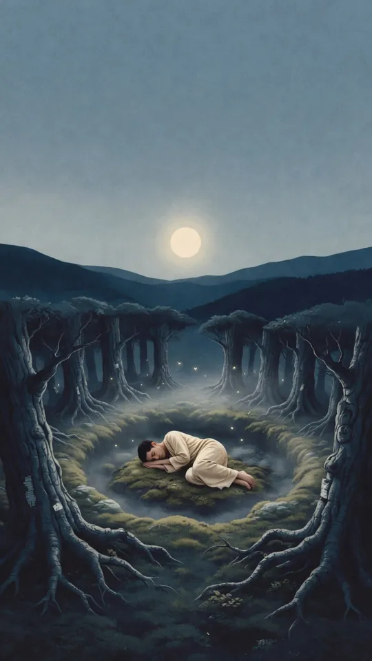 A traveller sleeps on a mossy island in a moonlit forest.