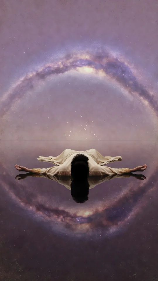 A traveller floats on still water inside a ring of stars and the Milky Way.